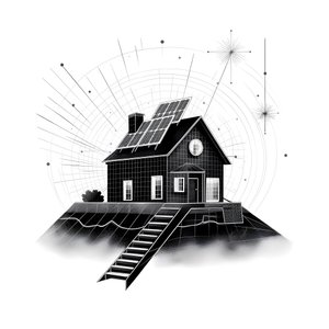 uma ilustração de uma casa com painéis solares, com uma enorme seta por detrás a apontar para a direita e para cima 3
