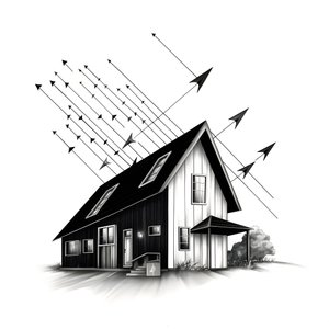 uma ilustração de uma casa com painéis solares, com uma enorme seta por trás a apontar para a direita e para cima 4