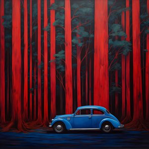 carro azul numa floresta vermelha 2