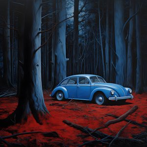 carro azul numa floresta vermelha 4