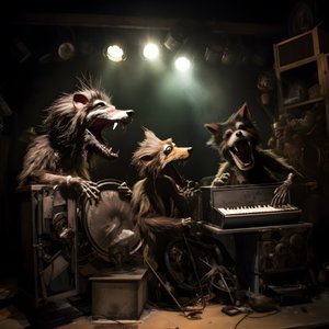 animatrónicos de animais assustadores, peludos e partidos que tocam música num palco 3