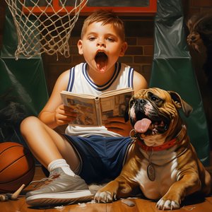 um rapaz de 10 anos segura uma pasta e o seu cão 4