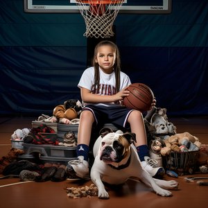 uma rapariga de 10 anos está sentada à espera com o seu cão no chão, segurando uma pasta com a fotografia 2