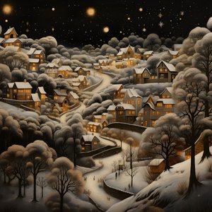 uma aldeia à noite sob árvores cobertas de neve 3