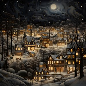 uma aldeia à noite sob árvores cobertas de neve 4