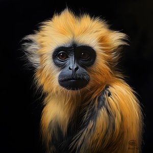 uma pintura do rosto de um langur dourado com um fundo preto 3