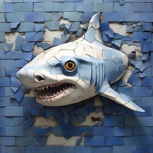 um tubarão azul com a cara pintada numa parede antiga 2