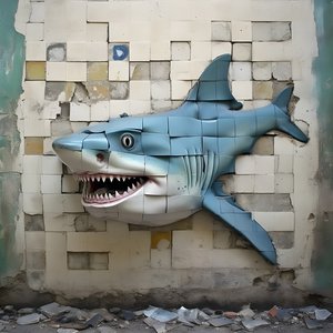 um tubarão azul com a cara pintada numa parede antiga 3