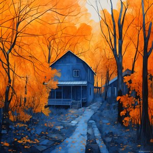 uma casa azul numa floresta laranja 2