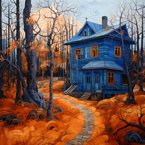 uma casa azul numa floresta laranja 4