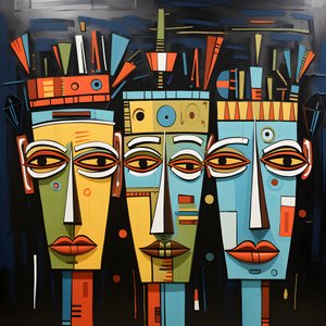 uma pintura mostra um grupo de quatro cabeças numa parede 1