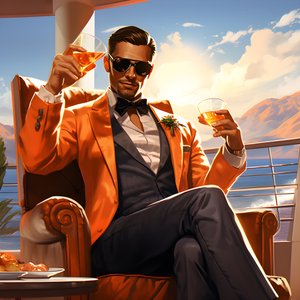 um homem rico, bem vestido, senta-se num navio de cruzeiro privado e bebe um cocktail 1