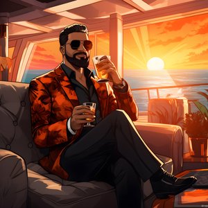 um homem rico, bem vestido, senta-se num navio de cruzeiro privado e bebe um cocktail 3