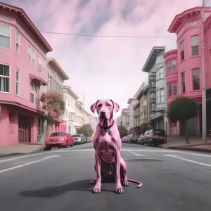 um cão cor-de-rosa no meio da cidade de São Francisco 1