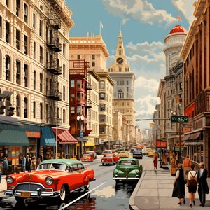 uma cidade nos anos 50 com carros vermelhos 1