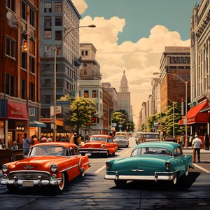 uma cidade nos anos 50 com carros vermelhos 2