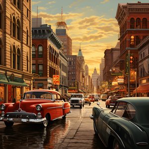 uma cidade nos anos 50 com carros vermelhos 4
