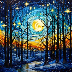uma cena da floresta nevada com estrelas 2
