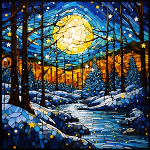 uma cena da floresta nevada com estrelas 3