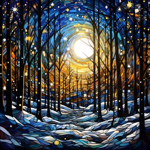 uma cena da floresta nevada com estrelas 4