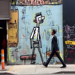 uma figura pintada ganha vida enquanto caminha por uma rua em Nova Iorque, foto surrealista 1