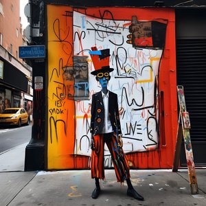 uma figura pintada ganha vida enquanto caminha por uma rua em Nova Iorque, foto surrealista 4