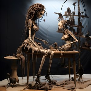 uma boneca grande numa mesa com um esqueleto em cima 1 de Kurt Heppke