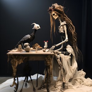 uma boneca grande numa mesa com um esqueleto em cima 3