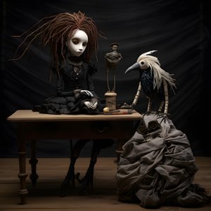 uma boneca grande numa mesa com um esqueleto em cima 2