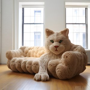 um gato gigante de croché numa sala de estar realista 1