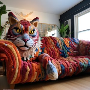 um gato gigante de croché numa sala de estar realista 2