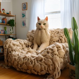 um gato gigante de croché numa sala de estar realista 3
