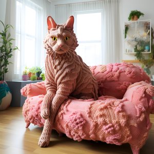 um gato gigante de croché numa sala de estar realista 4