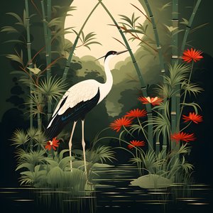 uma bela ilustração japonesa de um grou e bambu 1