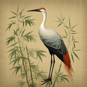 uma bela ilustração japonesa de um grou e bambu 2