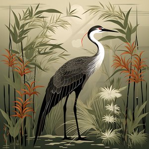 uma bela ilustração japonesa de um grou e bambu 3