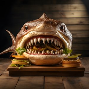 cheeseburger de cabeça de tubarão grande com carne de vaca em tábua de madeira 2 de Kurt Heppke