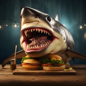 cheeseburger de cabeça de tubarão grande com carne de vaca em tábua de madeira 3
