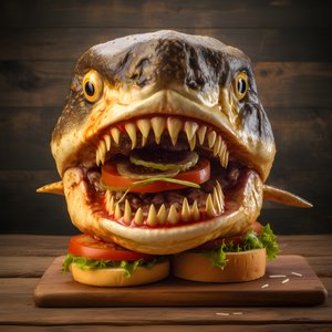 cheeseburger de cabeça de tubarão grande com carne de vaca em tábua de madeira 4