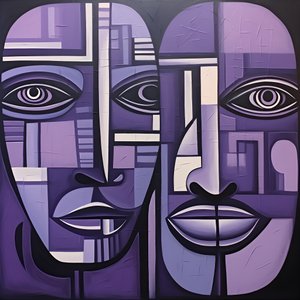 pintura geométrica roxa e cinzenta com olho roxo 3
