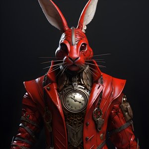 coelhinho androide antropomórfico cibernético, com casaco vermelho 1