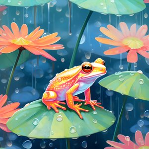 Padrão sem costura de uma pintura de bonitas rãs de desenhos animados cor de laranja e amarelas sentadas na folhagem de lírios na chuva de água da aguarela 1