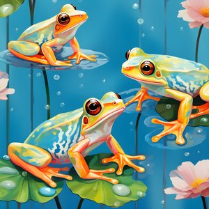 Padrão sem costura de uma pintura de bonitas rãs de desenhos animados cor de laranja e amarelas sentadas na folhagem de lírios na chuva de água da aguarela 2