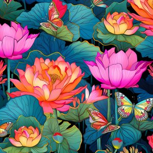 Padrão sem costuras de flores de lótus e borboletas 3