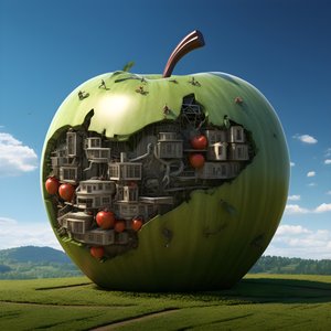 Maçã gigante num campo com muitas janelas pequenas 2
