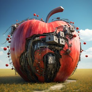 Maçã gigante num campo com muitas janelas pequenas 4
