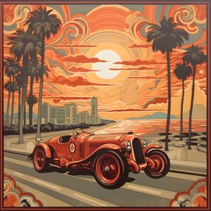 obra-prima bonita, elegante, minimalista e acolchoada no estilo artístico de Shepard Fairey::1 comemorando o Grande Prémio do Mónaco de 1940, com carros de corrida históricos a competirem entre si.  1