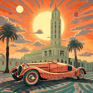obra-prima bonita, elegante, minimalista e acolchoada no estilo artístico de Shepard Fairey::1 comemorando o Grande Prémio do Mónaco de 1940, com carros de corrida históricos a competirem entre si.  2
