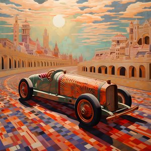 obra-prima bonita, elegante, minimalista e acolchoada no estilo artístico de Shepard Fairey::1 comemorando o Grande Prémio do Mónaco de 1940, com carros de corrida históricos a competirem entre si.  4