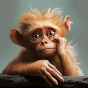 este é um desenho de um macaco com um olho no estilo de estudos de personagens surreais emotivos, coloridos, poses pensativas, topcor 58mm f/1.4, ilustrações tipo caricatura, #vfxfriday, solarizing master 2